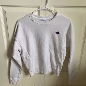 champion, white crewneck, size small